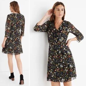 Madewell Sheer-Sleeve Ruffled Wrap Dress in Finch Floral XS